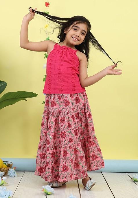 Pink Embroidered Cotton Blend Lehenga Choli For Girls — view on Indya