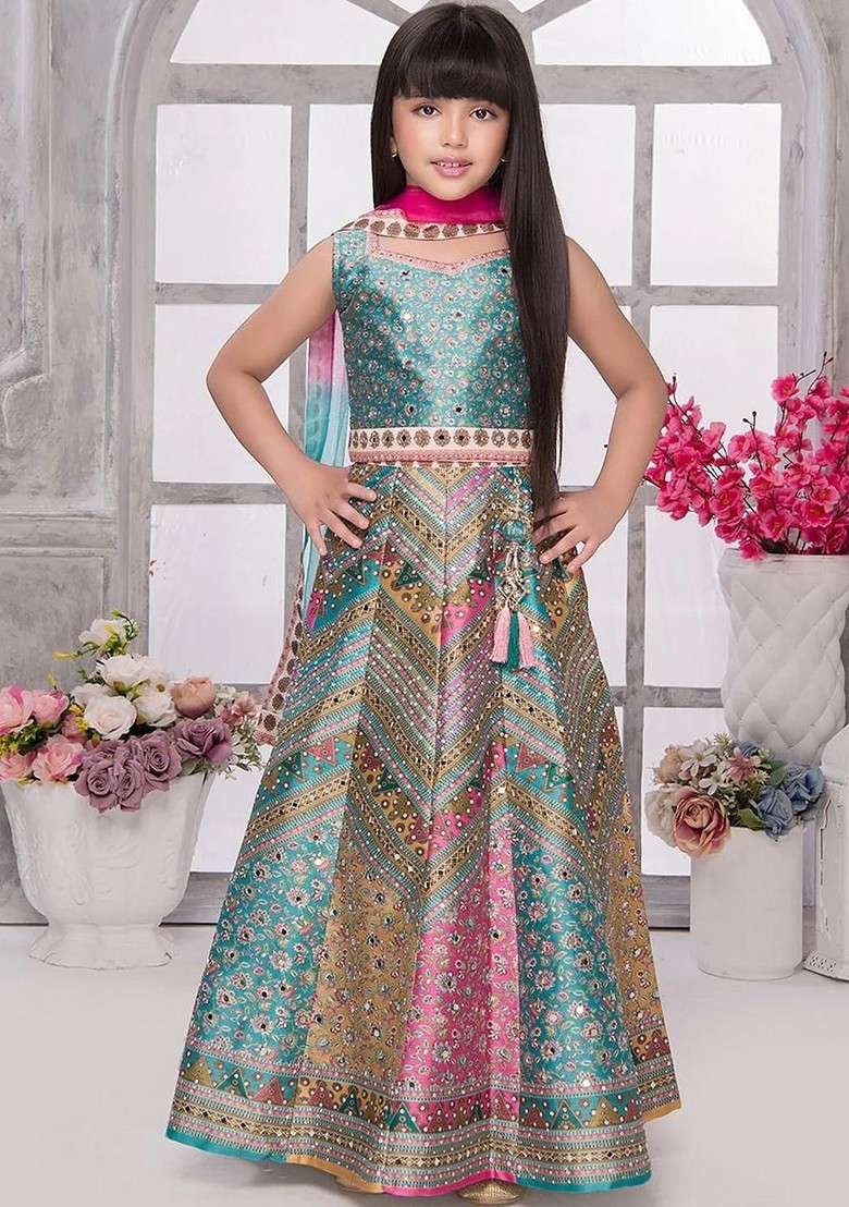 Multicolor Embroidered Silk Lehenga Choli For Girls - Indya