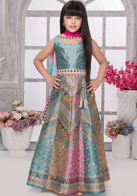 Multicolor Embroidered Silk Lehenga Choli For Girls