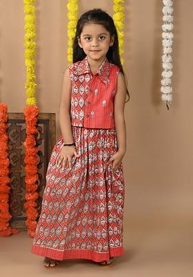 Red Printed Cotton Blend Lehenga Choli For Girls