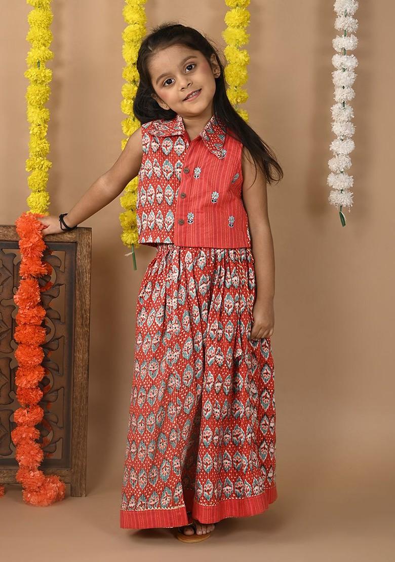 Red Printed Cotton Blend Lehenga Choli For Girls - Indya