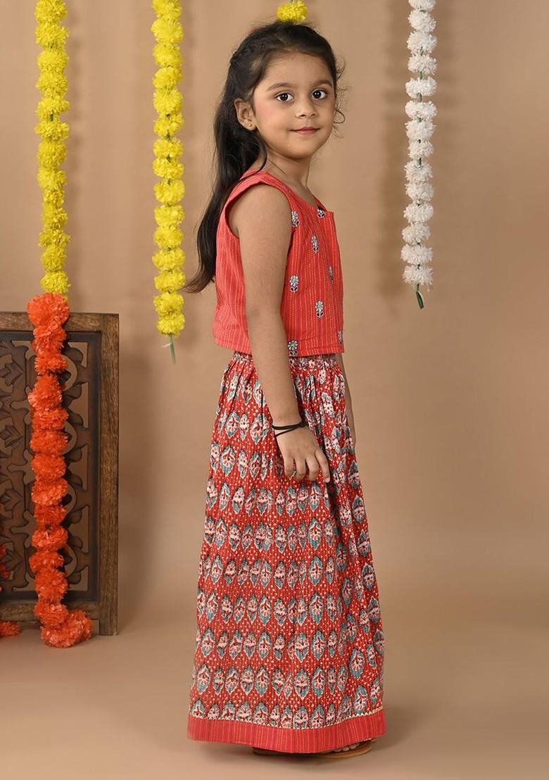 Red Embroidered Cotton Blend Lehenga Choli For Girls - Indya