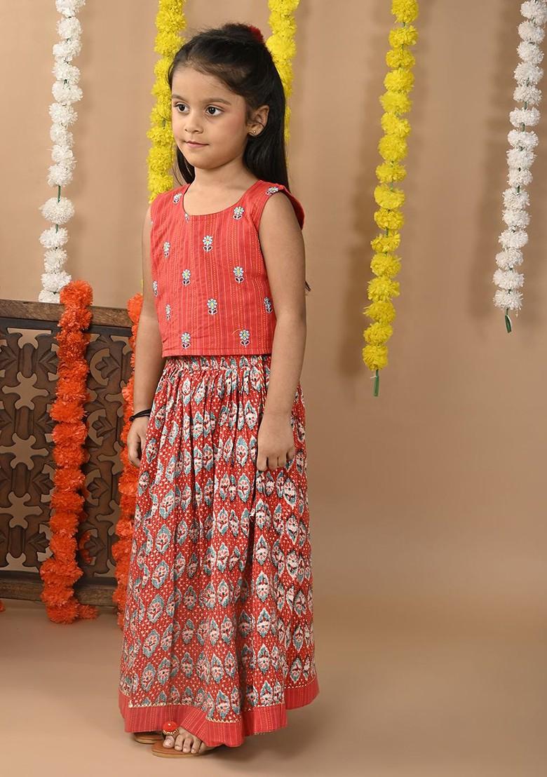 Red Embroidered Cotton Blend Lehenga Choli For Girls - Indya