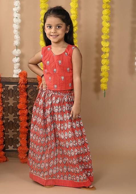 Red Embroidered Cotton Blend Lehenga Choli For Girls — view on Indya