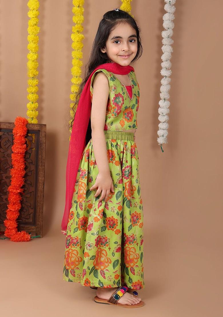 Green Printed Cotton Blend Lehenga Choli For Girls - Indya