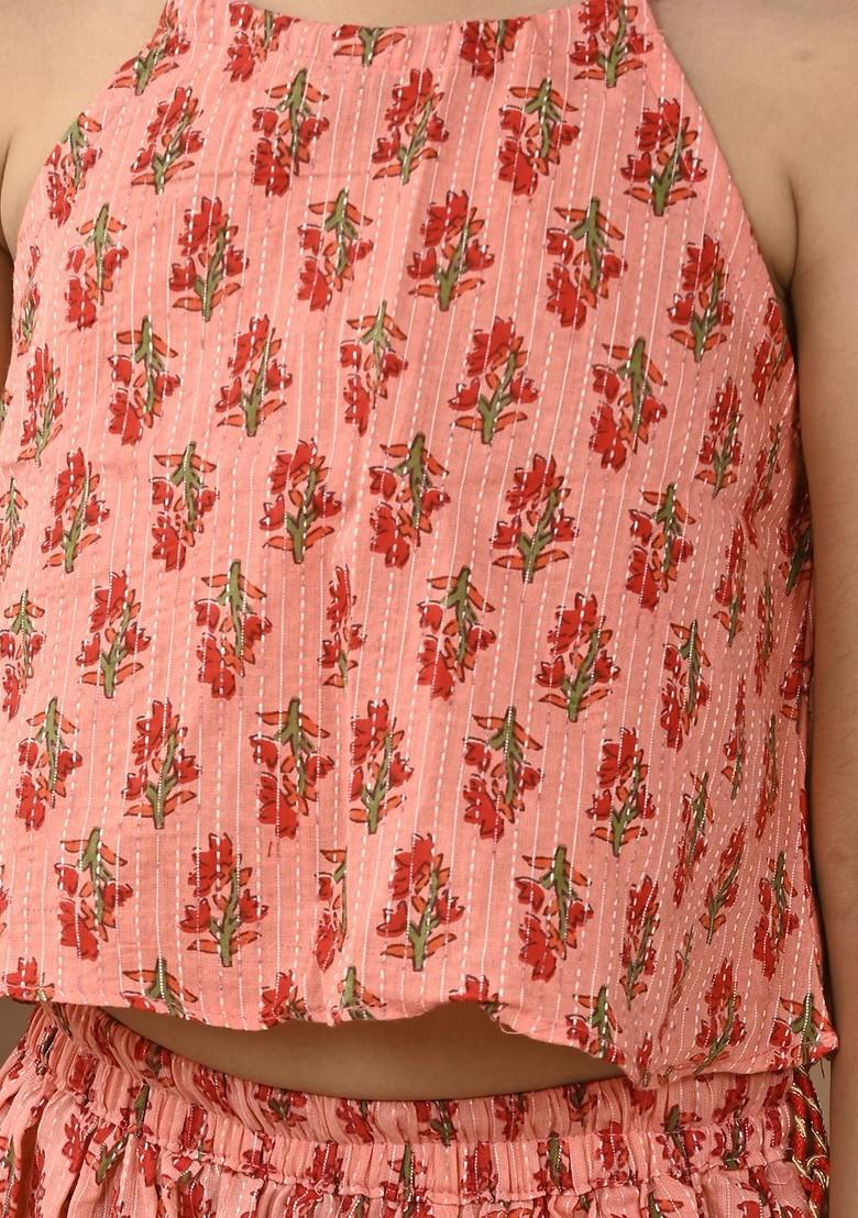 Peach Printed Blended Lehenga Choli For Girls - Indya