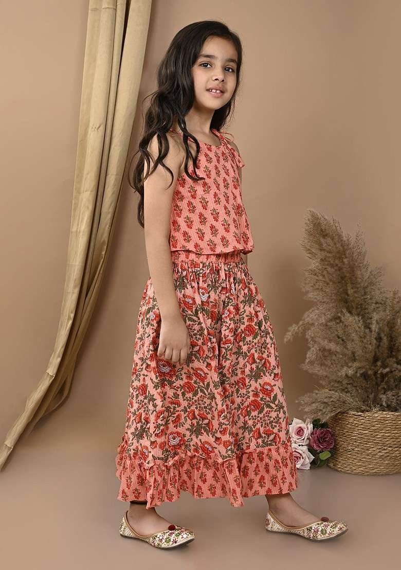 Peach Printed Blended Lehenga Choli For Girls - Indya