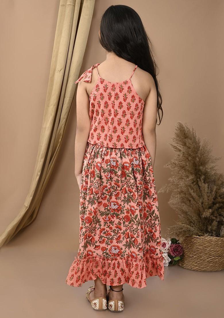 Peach Printed Blended Lehenga Choli For Girls - Indya