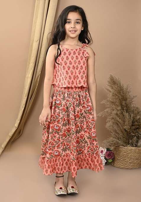 Peach Printed Blended Lehenga Choli For Girls
