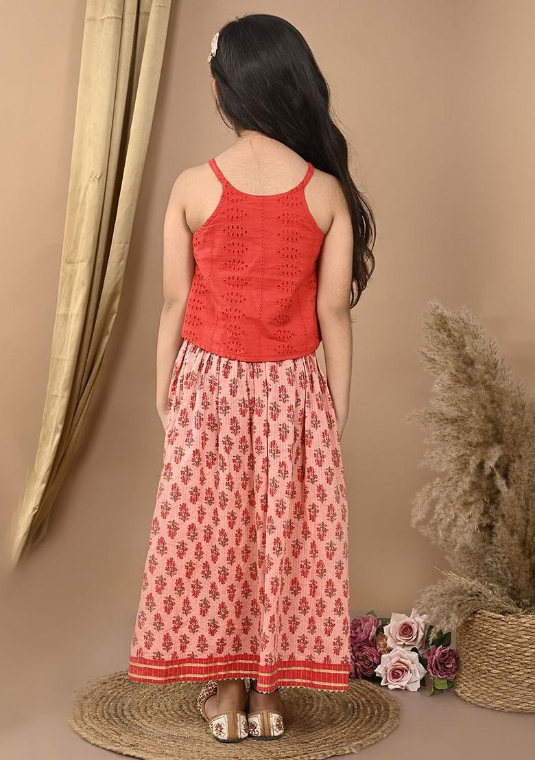 Peach Printed Cotton Blend Lehenga Choli For Girls - Indya