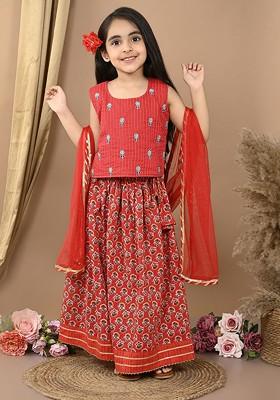 Red Printed Blended Lehenga Choli For Girls
