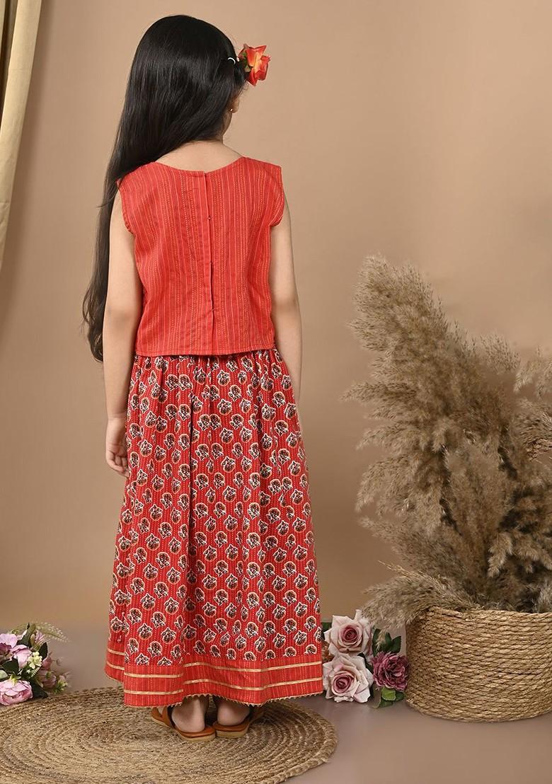 Red Printed Blended Lehenga Choli For Girls - Indya
