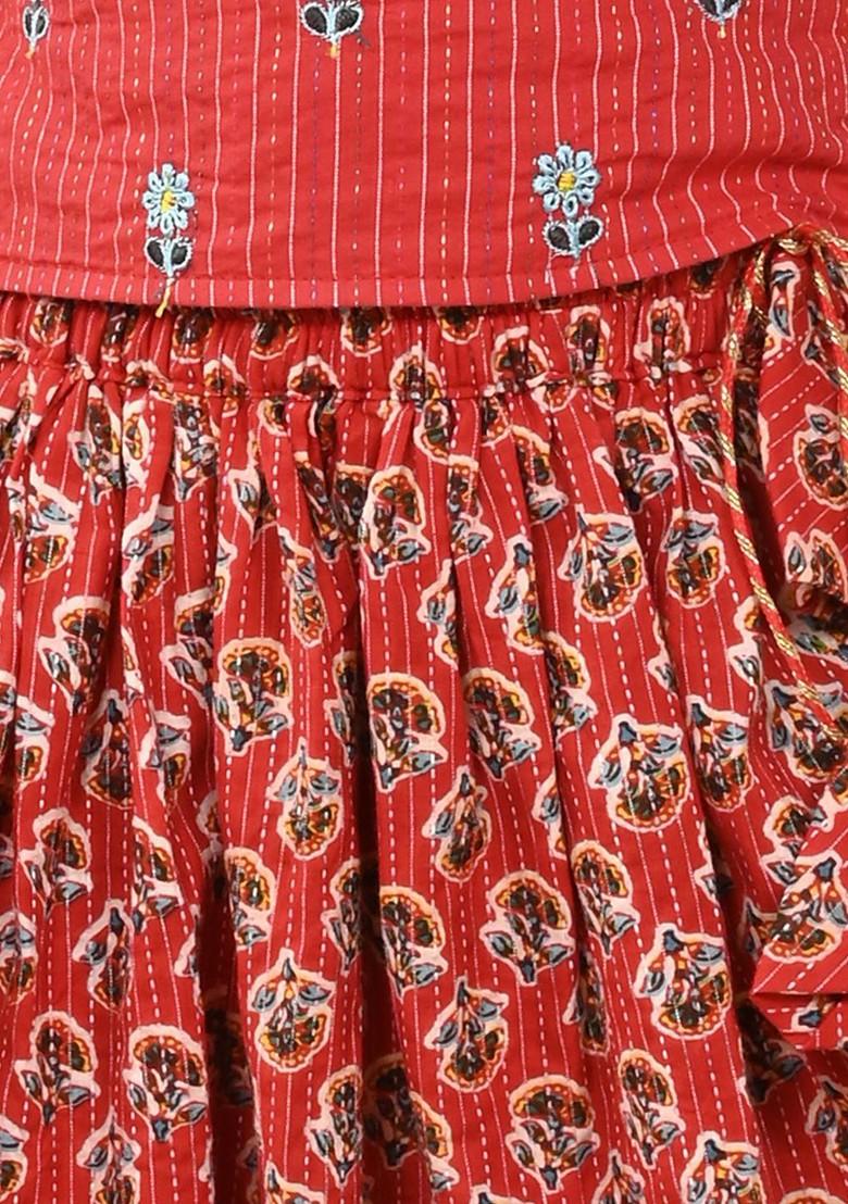 Red Printed Blended Lehenga Choli For Girls - Indya