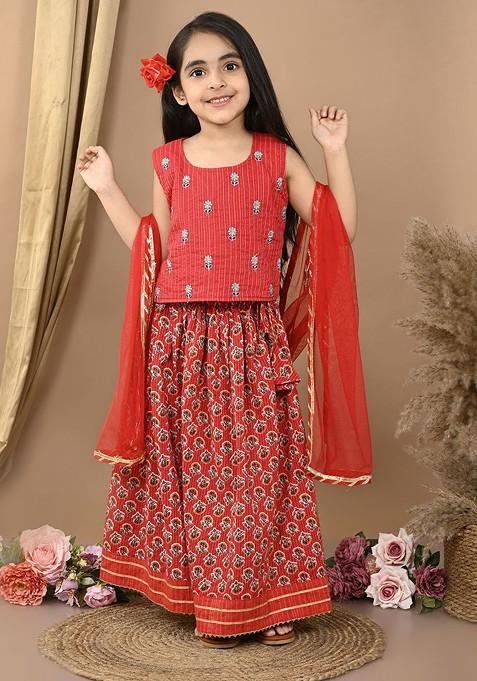 Red Printed Blended Lehenga Choli For Girls — view on Indya