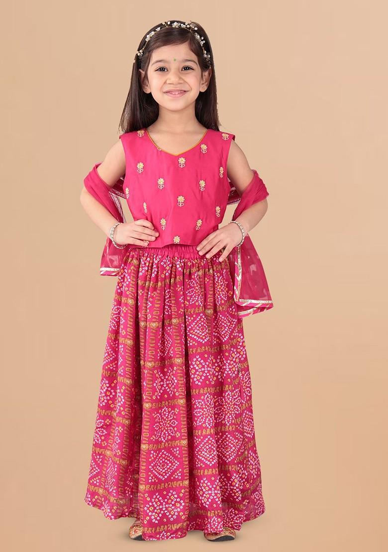 Pink Embroidered Cotton Blend Lehenga Choli For Girls - Indya