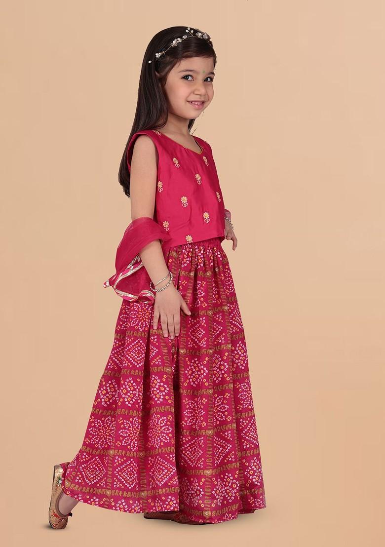Pink Embroidered Cotton Blend Lehenga Choli For Girls - Indya