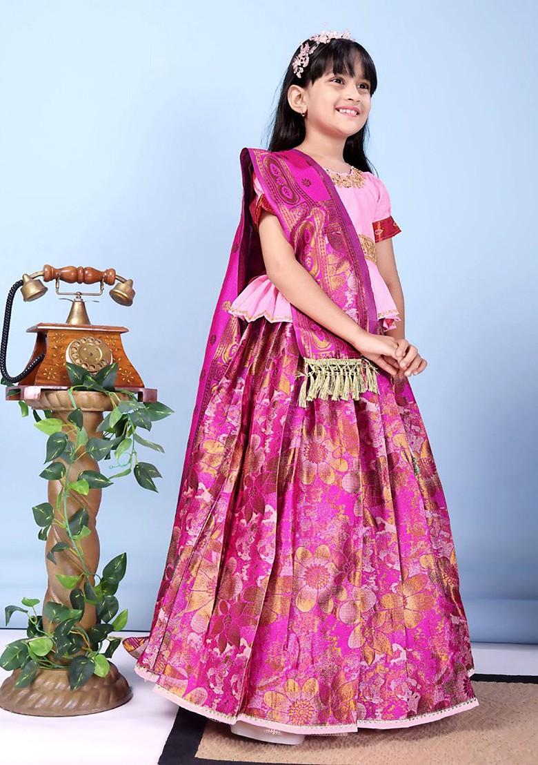 Fuchsia Embroidered Blended Lehenga Choli For Girls - Indya