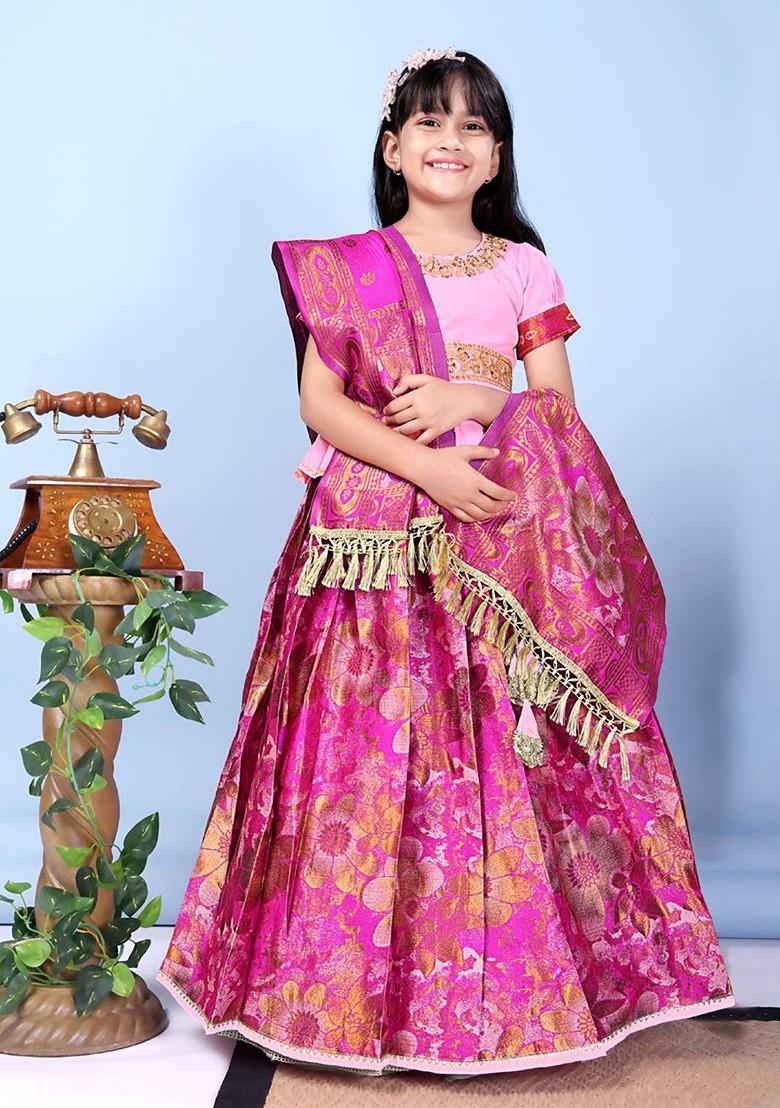 Fuchsia Embroidered Blended Lehenga Choli For Girls - Indya