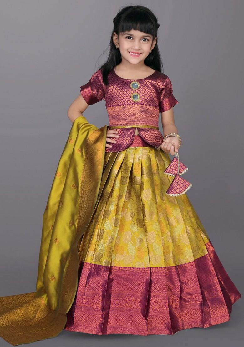 Lime Green Embroidered Blended Lehenga Choli For Girls - Indya