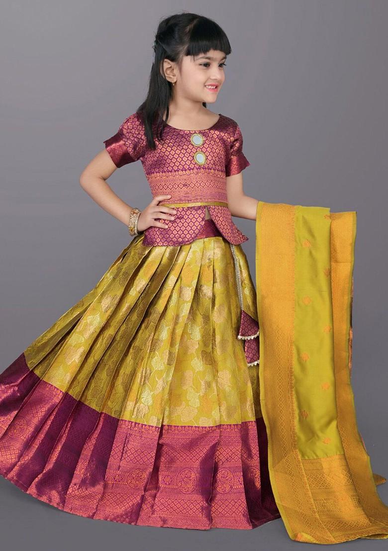 Lime Green Embroidered Blended Lehenga Choli For Girls - Indya