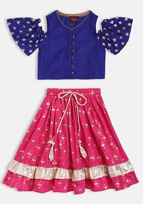 Navy Blue Embroidered Blended Lehenga Choli For Girls