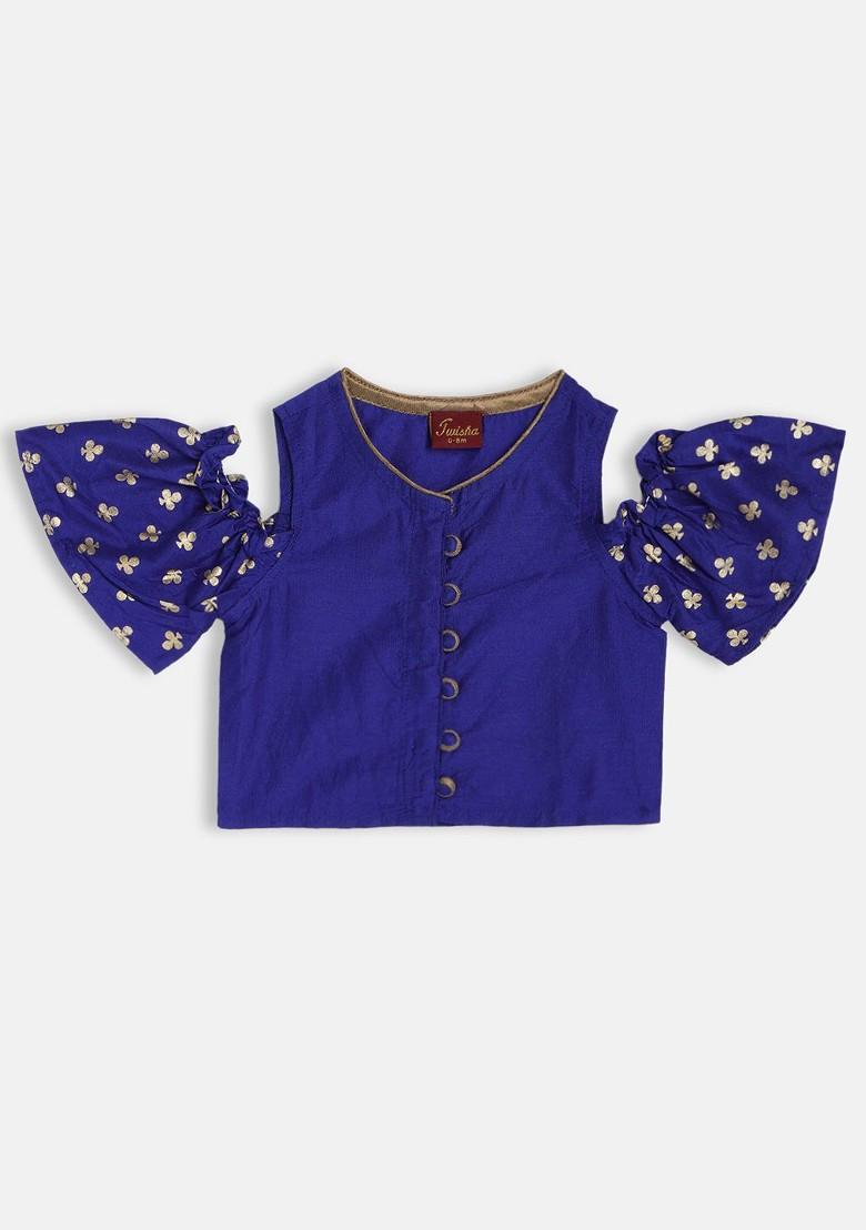 Navy Blue Embroidered Blended Lehenga Choli For Girls - Indya