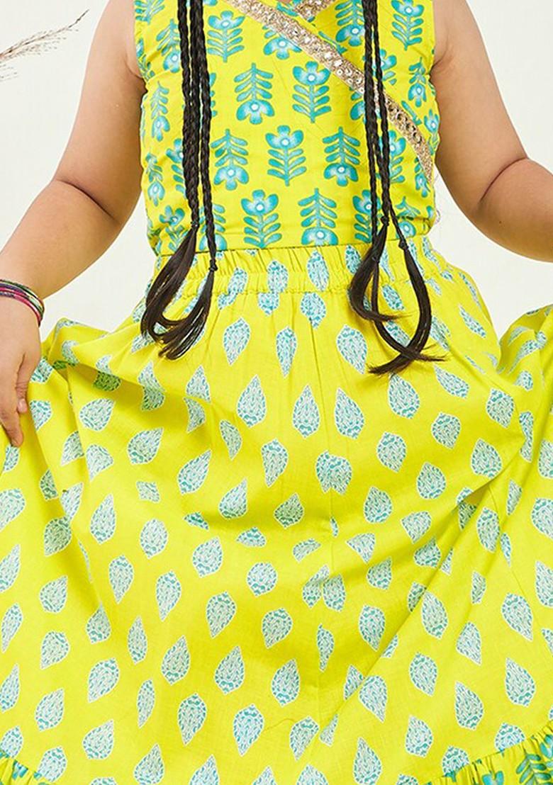 Green Printed Blended Lehenga Choli For Girls - Indya