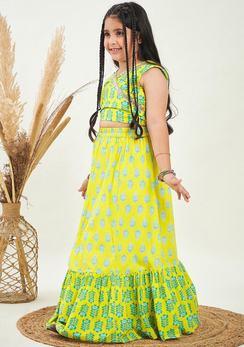 Green Printed Blended Lehenga Choli For Girls - Indya