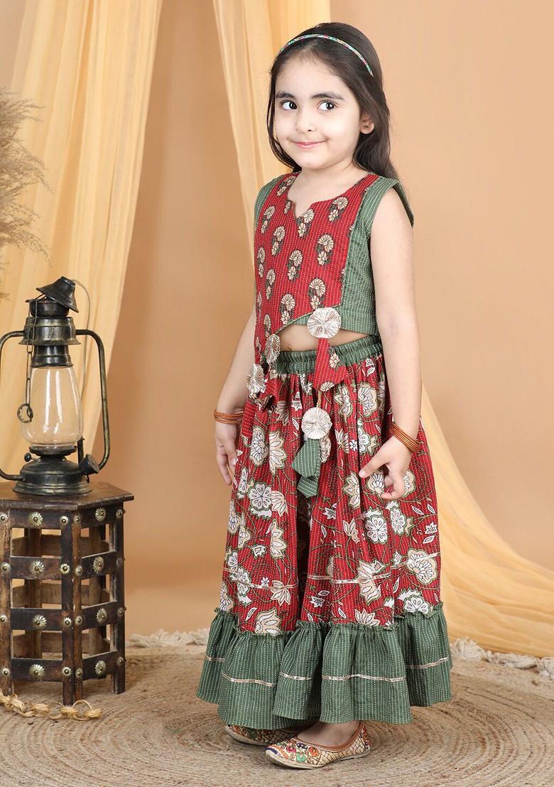 Red Printed Blended Lehenga Choli For Girls - Indya