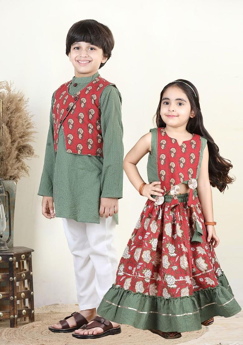 Red Printed Blended Lehenga Choli For Girls - Indya