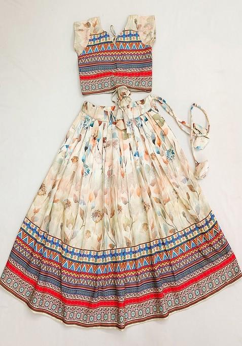 Beige Printed Blended Lehenga Choli For Girls
