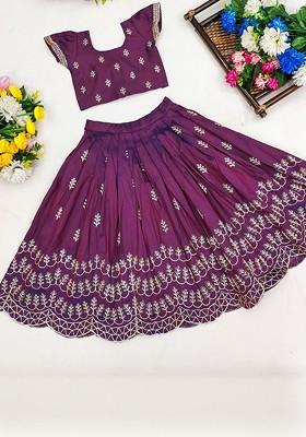Purple Embroidered Silk Lehenga Choli For Girls
