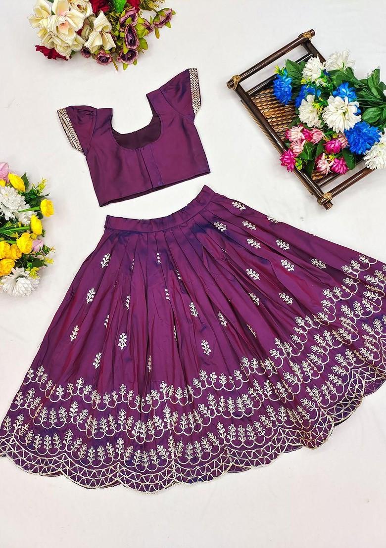 Purple Embroidered Silk Lehenga Choli For Girls - Indya