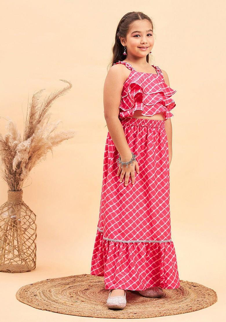 Pink Printed Blended Lehenga Choli For Girls - Indya