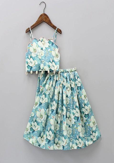 Green Printed Blended Lehenga Choli For Girls — view on Indya