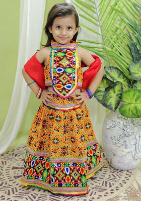 Yellow Embroidered Cotton Blend Lehenga Choli For Girls