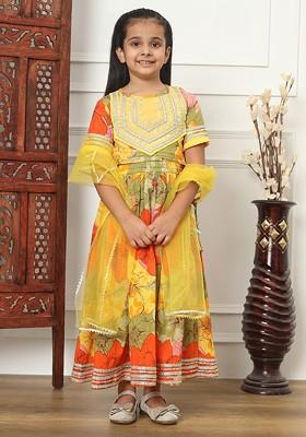 Olive Printed Cotton Blend Lehenga Choli For Girls