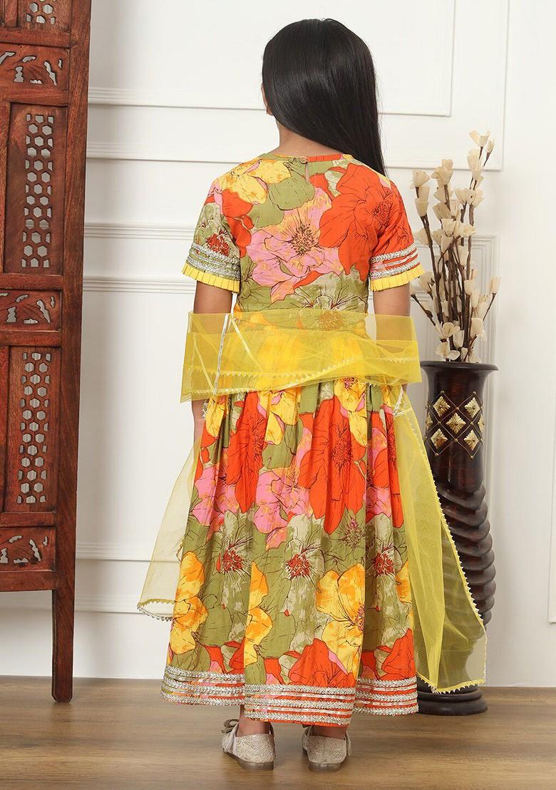 Olive Printed Cotton Blend Lehenga Choli For Girls - Indya