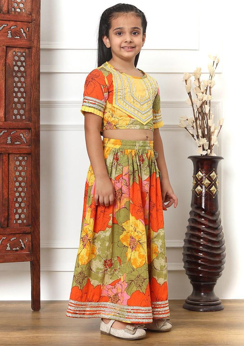 Olive Printed Cotton Blend Lehenga Choli For Girls - Indya