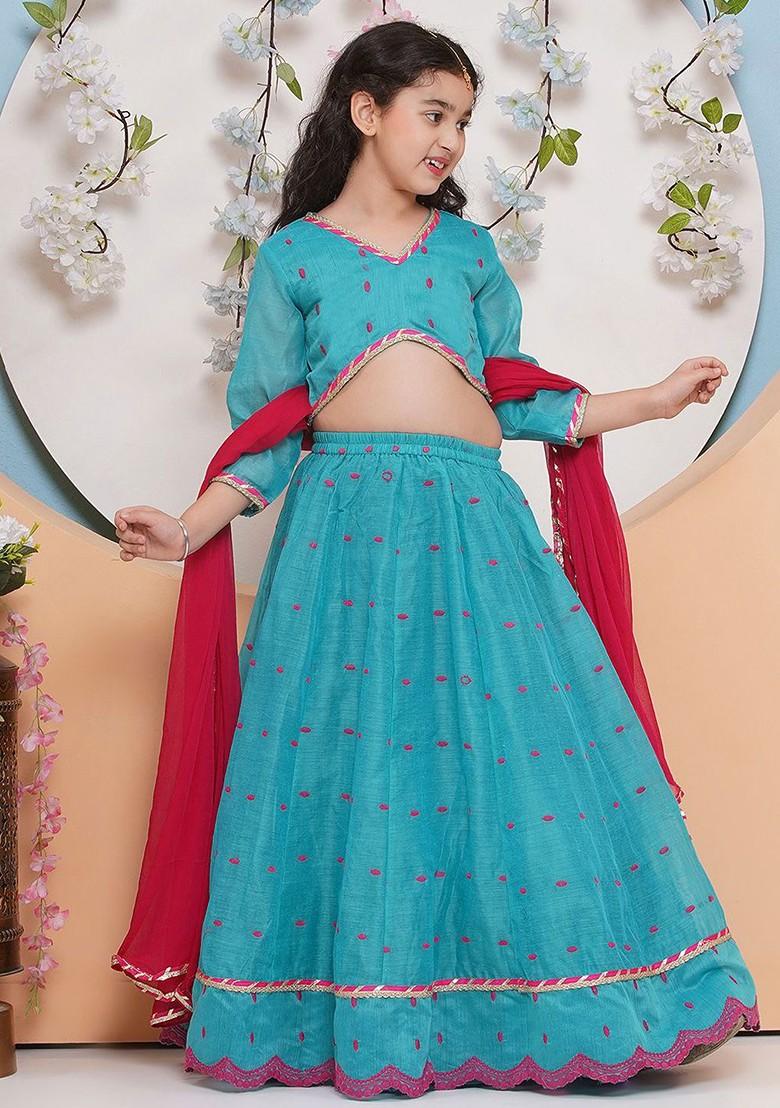 Sea Green Embroidered Blended Lehenga Choli For Girls - Indya