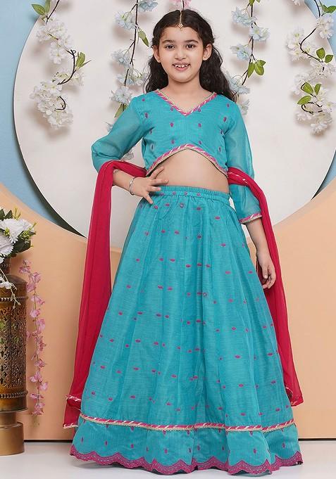 Sea Green Embroidered Blended Lehenga Choli For Girls — view on Indya