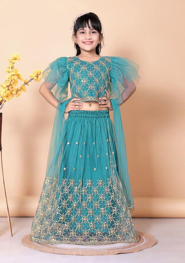 Sea Green Embroidered Net Lehenga Choli For Girls - Indya