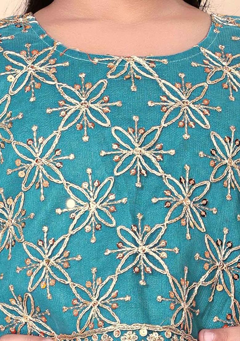 Sea Green Embroidered Net Lehenga Choli For Girls - Indya