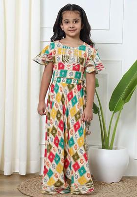 Cream Printed Blended Lehenga Choli For Girls