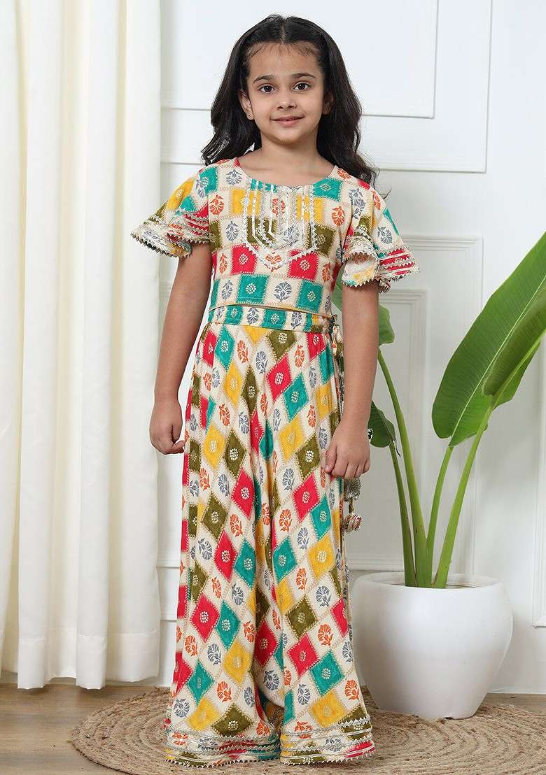 Cream Printed Blended Lehenga Choli For Girls - Indya