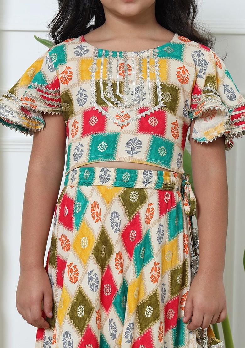 Cream Printed Blended Lehenga Choli For Girls - Indya