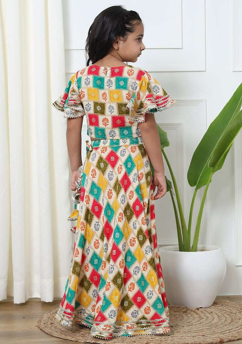 Cream Printed Blended Lehenga Choli For Girls - Indya