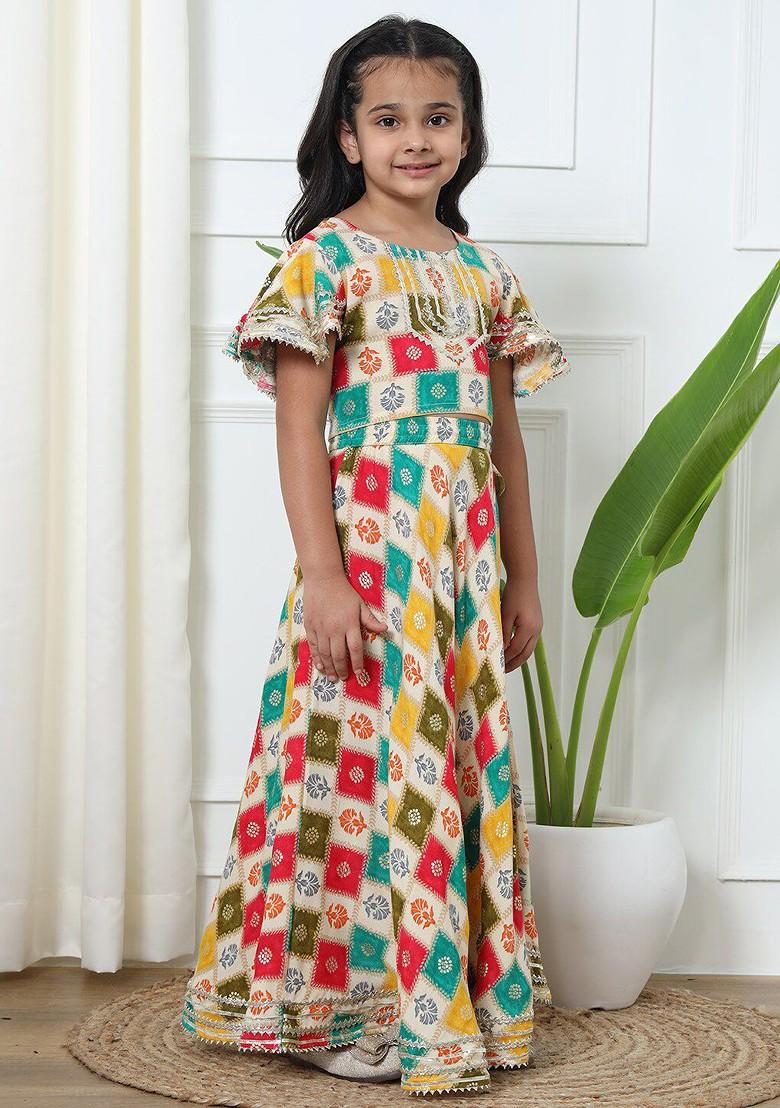 Cream Printed Blended Lehenga Choli For Girls - Indya