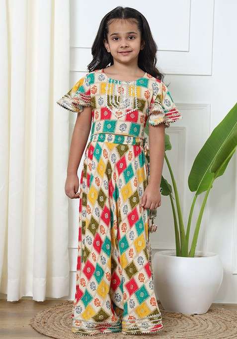 Cream Printed Blended Lehenga Choli For Girls