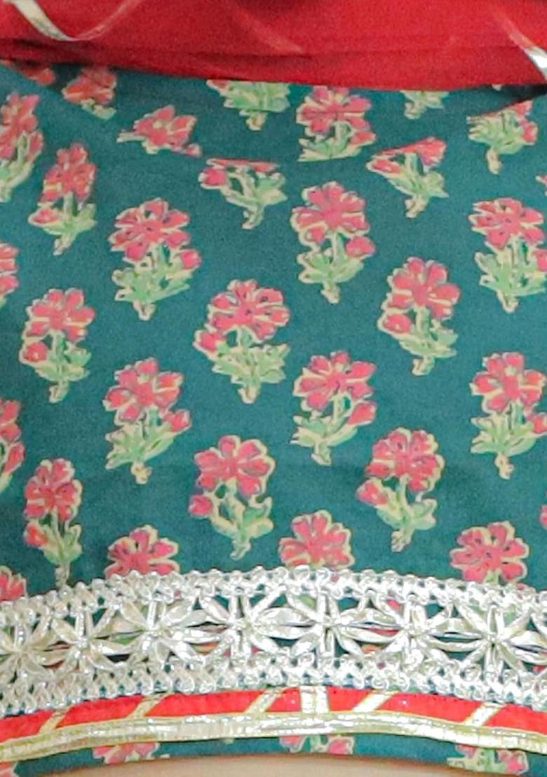 Green Printed Cotton Blend Lehenga Choli For Girls - Indya